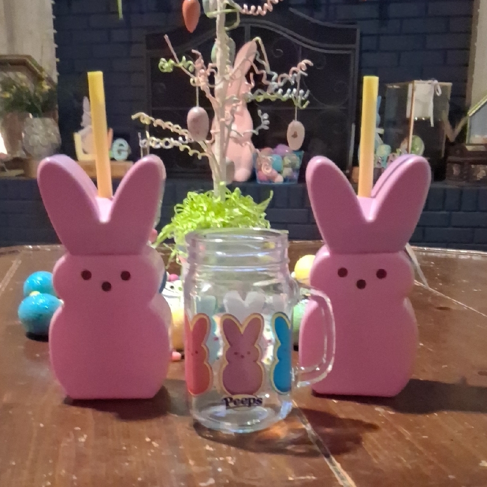 Easter - Pink Bunny Tumblers and Peeps Glass Jar
